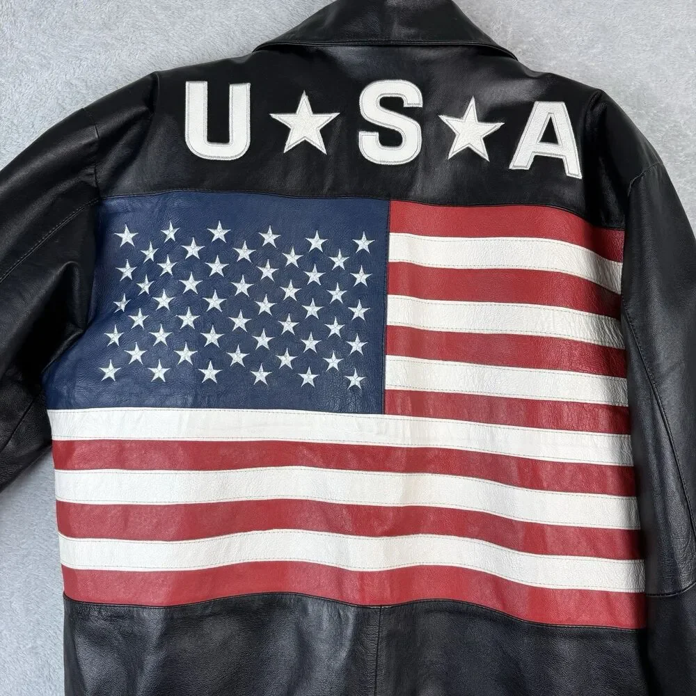 Vtg Leather Bomber Jacket Mens Medium Black USA Flag Biker Grunge Flight 80s 90s - Picture 2 of 14